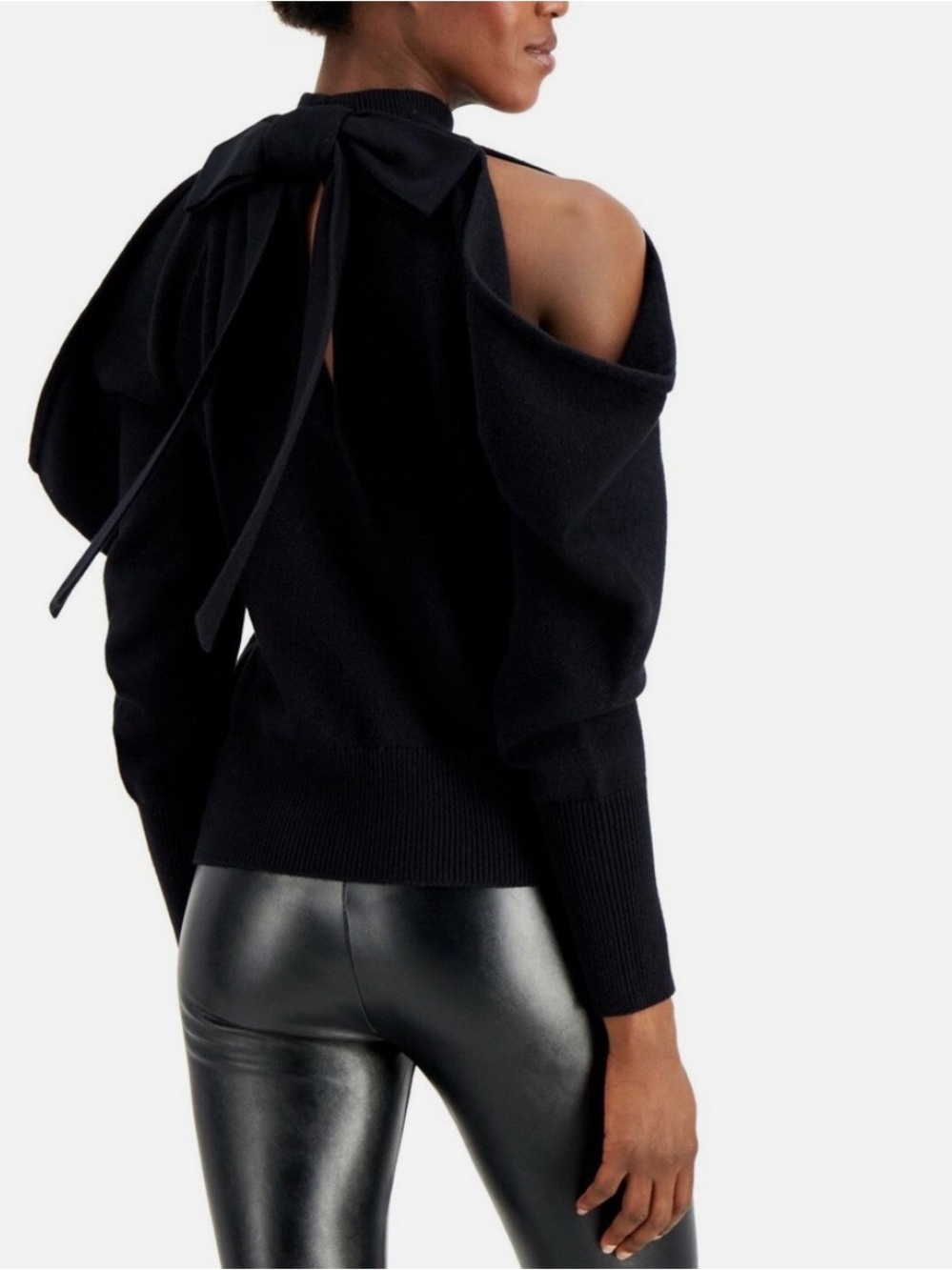 INC International Concepts Black Off-Shoulder Bow-Back Sweater